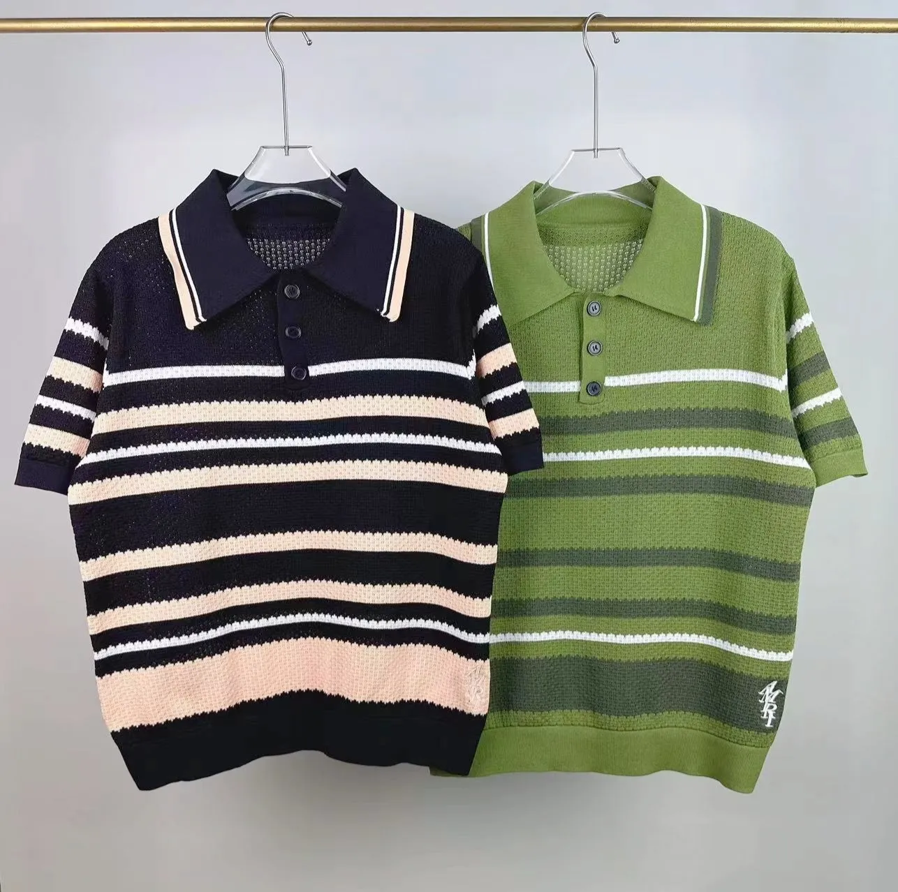 P210 🎉AMIRI new sweater short-sleeved POLO shirt, thin and breathable, embroidered hem, color: green black number: S M L XL XXL