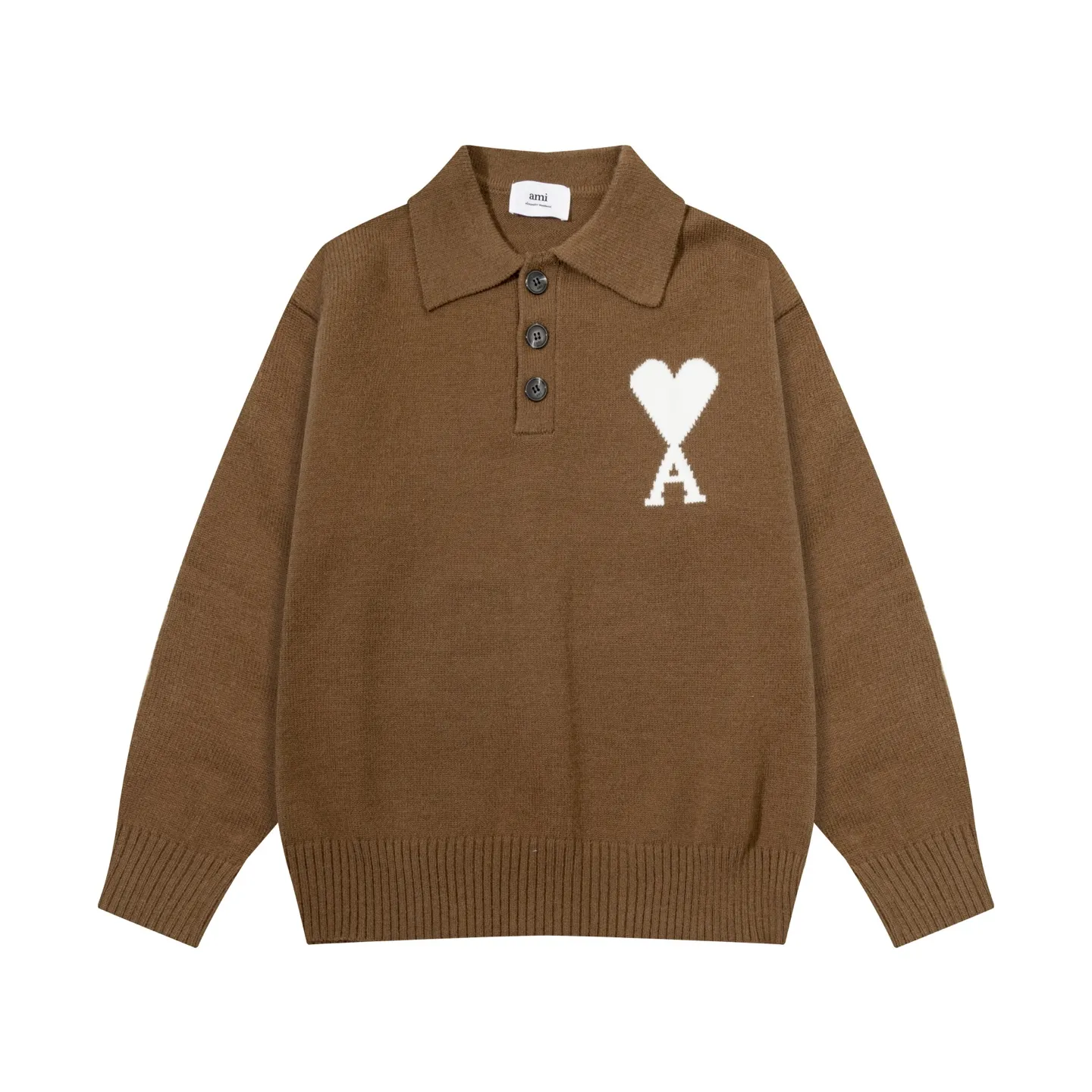 Ami Paris 2025 [New product for autumn and winter] White love jacquard ADC alpaca blended loose sweater Polo collar pullover sweater, same style for men and women, Oversize version Color: Brown Blue Light Gray Light Pink Red Size: S-XL