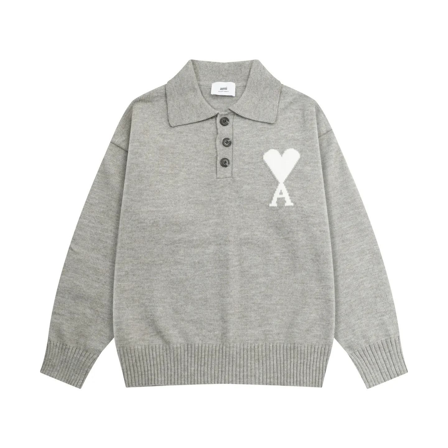 Ami Paris 2025 [New product for autumn and winter] White love jacquard ADC alpaca blended loose sweater Polo collar pullover sweater, same style for men and women, Oversize version Color: Brown Blue Light Gray Light Pink Red Size: S-XL
