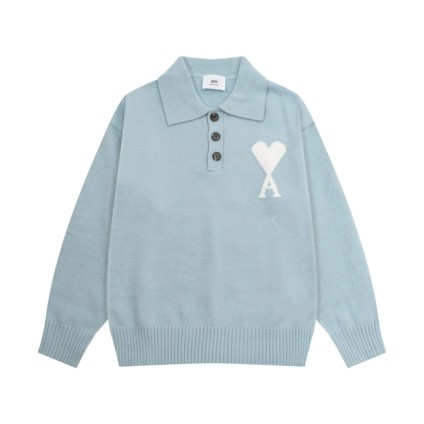 Ami Paris 2025 [New product for autumn and winter] White love jacquard ADC alpaca blended loose sweater Polo collar pullover sweater, same style for men and women, Oversize version Color: Brown Blue Light Gray Light Pink Red Size: S-XL