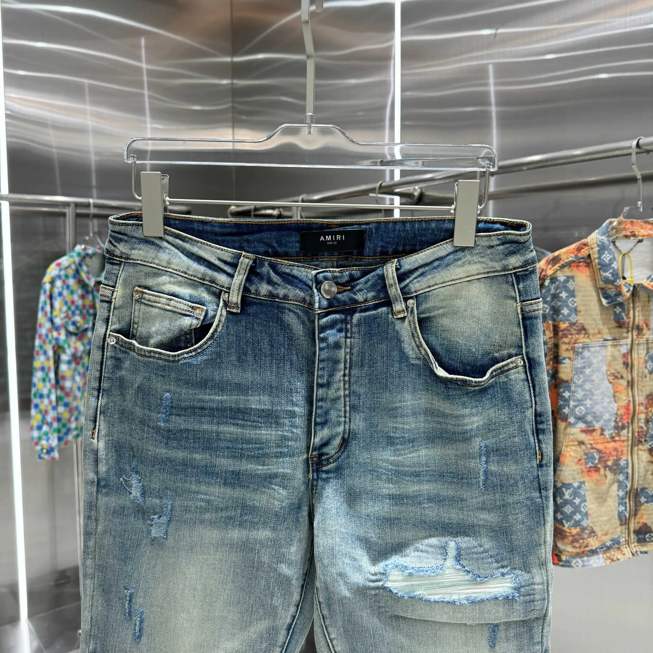 P290 Amiri ripped street fashion slim fit stretch jeans color blue size 30 32 34 36 38