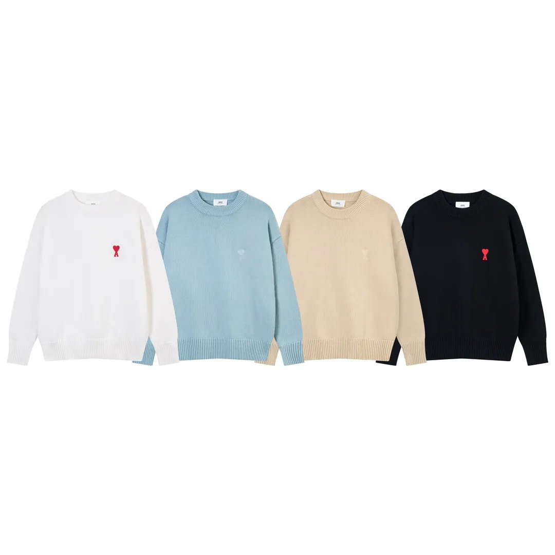 P170 A8115# AMI Paris 2023 new love towel embroidered crew neck sweater, single piece M size 750g, oversize version, same style for men and women, color: black, white, sky blue, vanilla apricot, size: S-XL