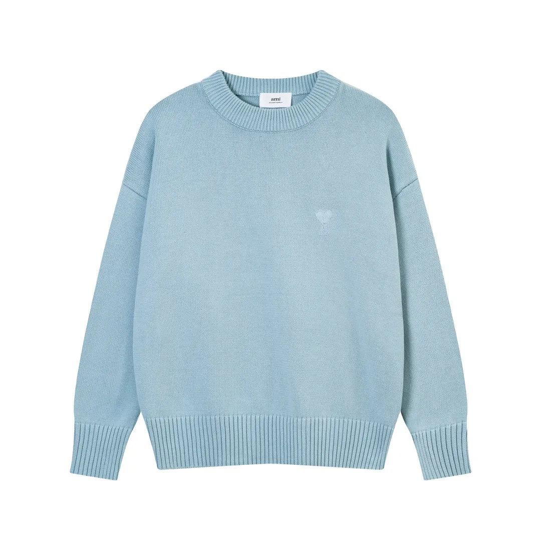 P170 A8115# AMI Paris 2023 new love towel embroidered crew neck sweater, single piece M size 750g, oversize version, same style for men and women, color: black, white, sky blue, vanilla apricot, size: S-XL