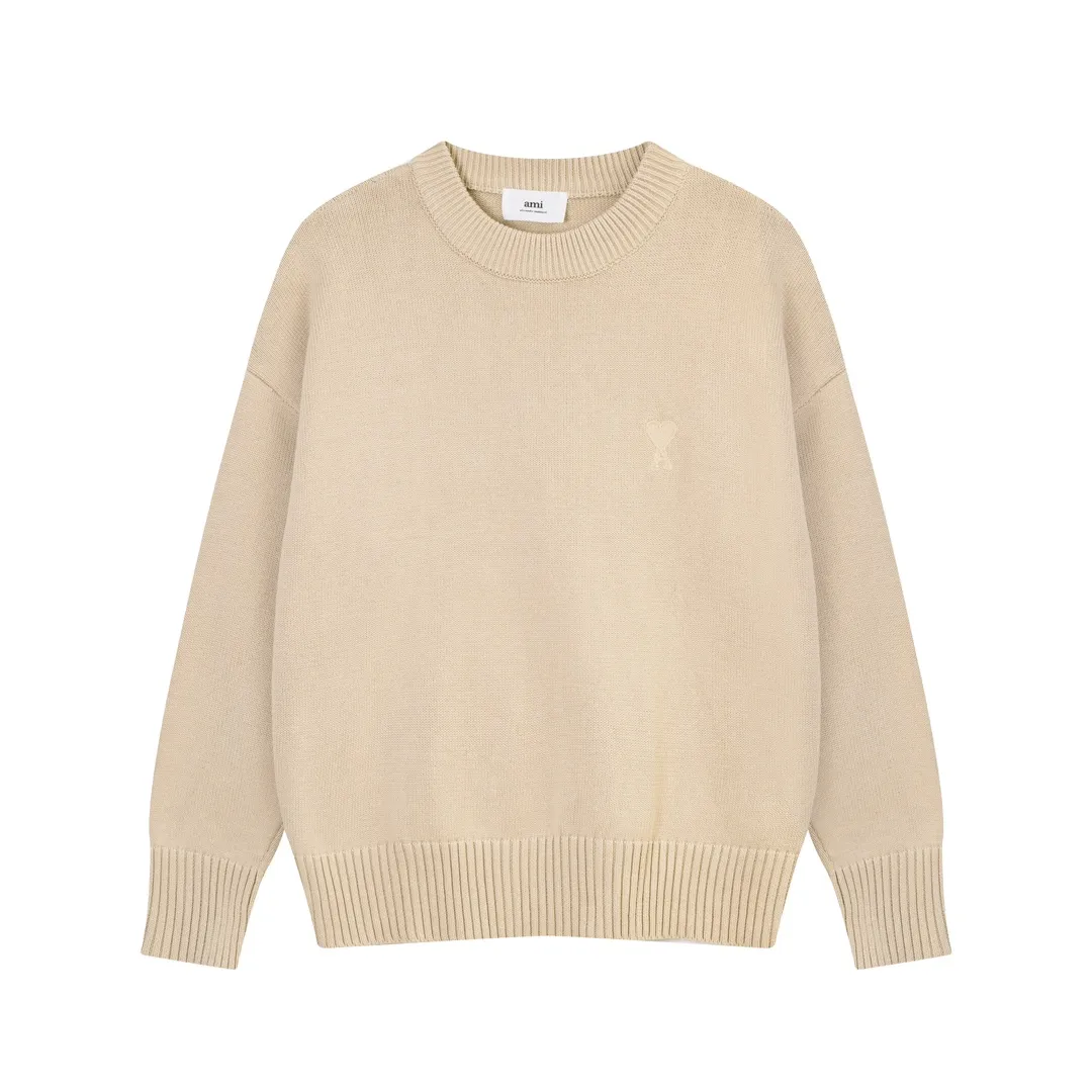 P170 A8115# AMI Paris 2023 new love towel embroidered crew neck sweater, single piece M size 750g, oversize version, same style for men and women, color: black, white, sky blue, vanilla apricot, size: S-XL