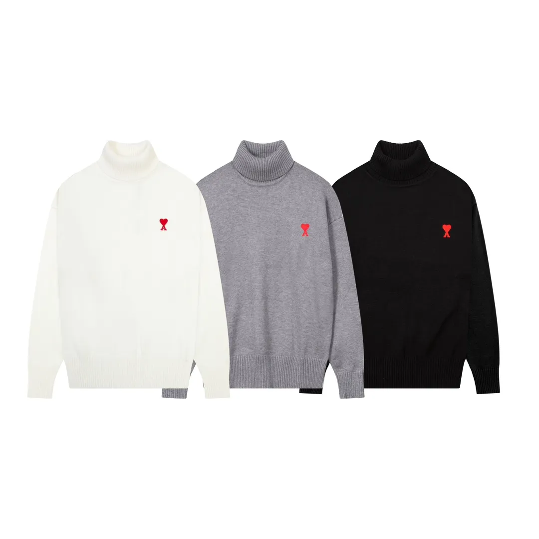 8128# Ami Paris 2023 new small love embroidered wool sweater, high collar, oversize design, same style for men and women, color: black, white, gray, size: S-XL