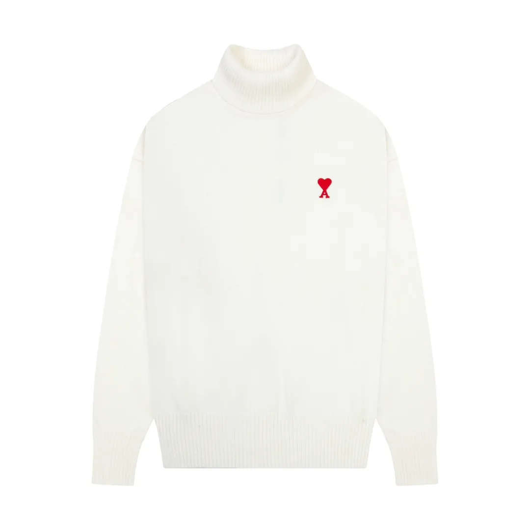 8128# Ami Paris 2023 new small love embroidered wool sweater, high collar, oversize design, same style for men and women, color: black, white, gray, size: S-XL