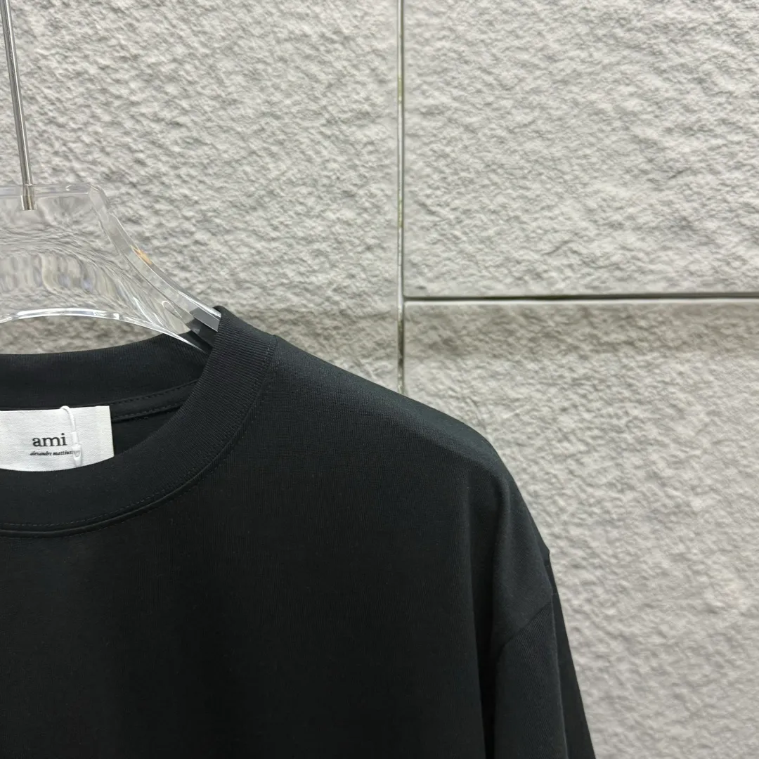🅿️180 Ami* love embroidery 2025 spring and summer new style Hollow love A embroidered with personalized letters Customized double yarn plain cotton fabric Short-sleeved T-shirt Same style for men and women Color: white floral gray black Size: S (90-130 pounds) M (120-150 pounds) L (140-165 pounds) XL (160-180 pounds) XXL (180-210 pounds)