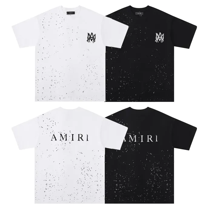 Style number: 713 P126 Fabric: 260g double yarn AMIRI 2025 spring and summer new logo round neck T-shirt high street men and women loose classic letter splash ink short sleeves Color: black. White Size: S M L XL