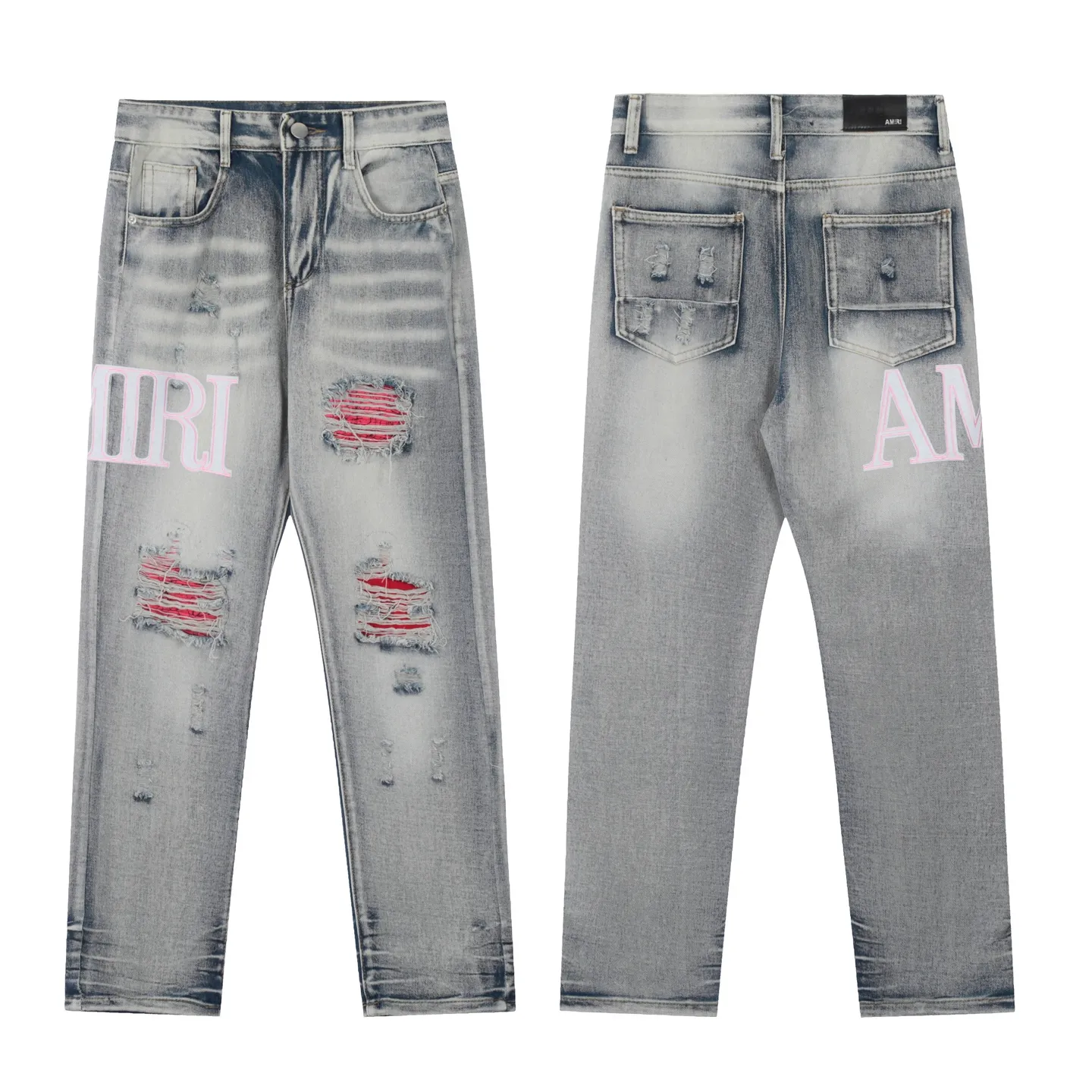 #M37 P168💰 Amiri classic embroidered patched leather ripped letter jeans, slim fit jeans, produced by a major washed factory, full of high-end feel, partially destroyed knee design with patchwork leather design, has been used as a facade design, leather waist nameplate, the focus of this style is not on the washing, but on the destroyed shape and version. The secret lies in the craftsmanship of the master. The cost of post-processing, grinding, cutting, etc. is far beyond the cost of assembly line products. Color: Picture color Size: 30-32-34-36