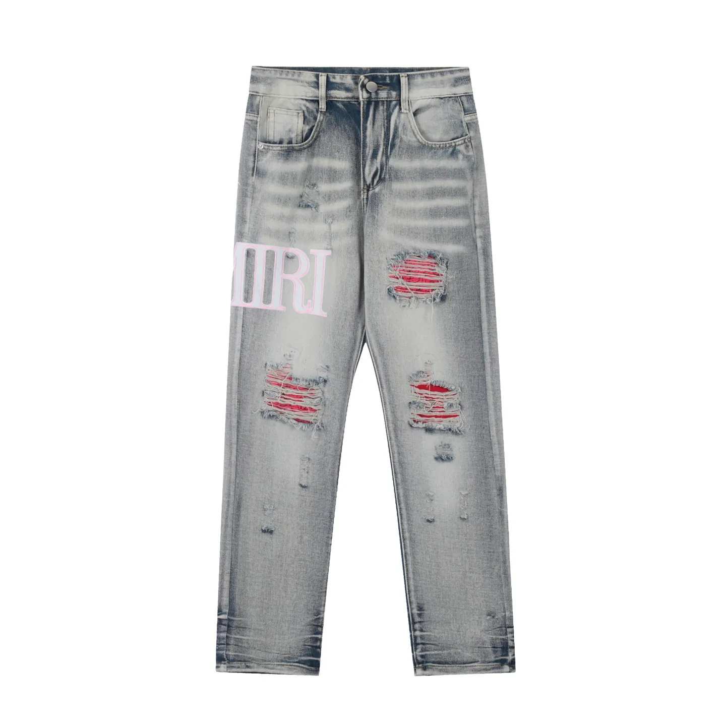#M37 P168💰 Amiri classic embroidered patched leather ripped letter jeans, slim fit jeans, produced by a major washed factory, full of high-end feel, partially destroyed knee design with patchwork leather design, has been used as a facade design, leather waist nameplate, the focus of this style is not on the washing, but on the destroyed shape and version. The secret lies in the craftsmanship of the master. The cost of post-processing, grinding, cutting, etc. is far beyond the cost of assembly line products. Color: Picture color Size: 30-32-34-36