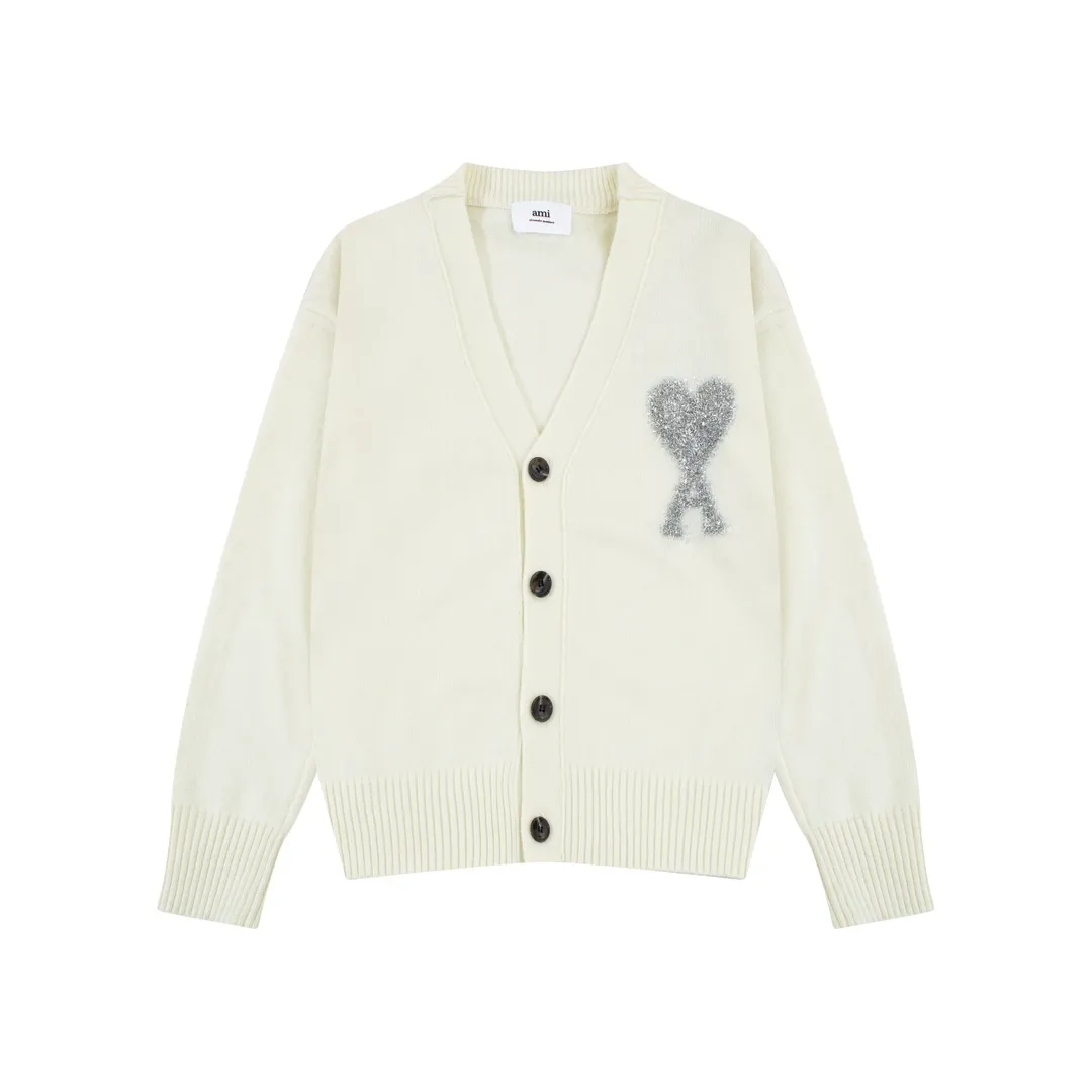 A8148# [Christmas Capsule Series] AMI Paris 2023 autumn and winter new silver big heart alpaca blend soft and waxy cardigan knitted sweater Oversize version for men and women Color: off-white Size: S-XL