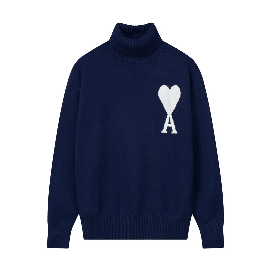 A12B#Ami Paris 2021Ami de Coeur white love love jacquard embroidered wool sweater Love A turtleneck Oversize version design Same style for men and women Color: colorful blue dark green red gray black white sapphire blue yellow red light green gray black heart Size: S-XL