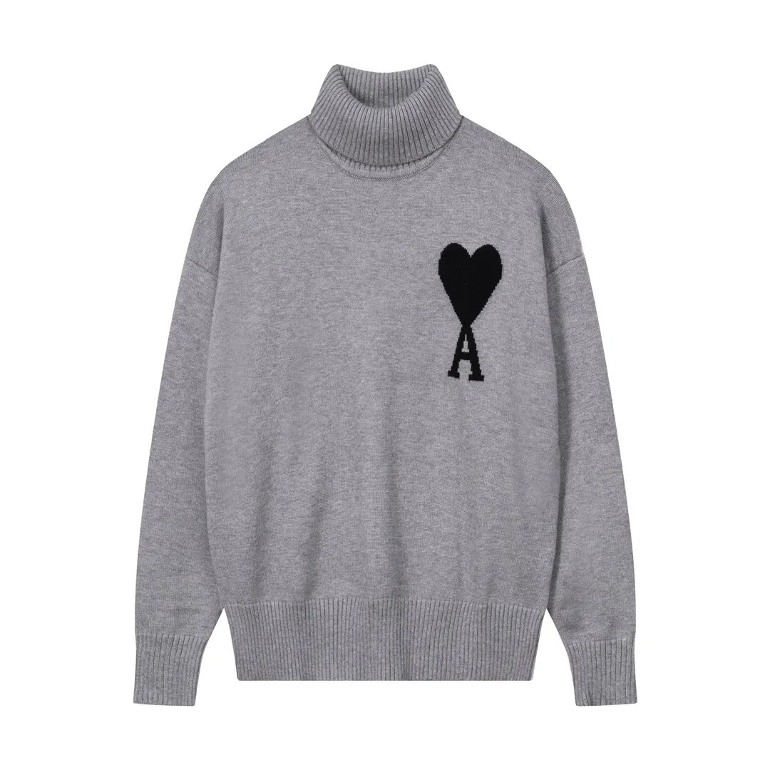 A12B#Ami Paris 2021Ami de Coeur white love love jacquard embroidered wool sweater Love A turtleneck Oversize version design Same style for men and women Color: colorful blue dark green red gray black white sapphire blue yellow red light green gray black heart Size: S-XL