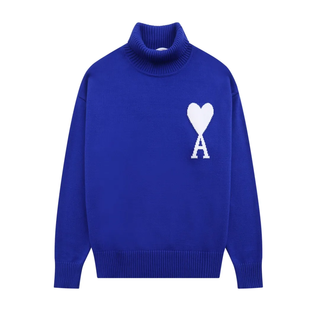 A12B#Ami Paris 2021Ami de Coeur white love love jacquard embroidered wool sweater Love A turtleneck Oversize version design Same style for men and women Color: colorful blue dark green red gray black white sapphire blue yellow red light green gray black heart Size: S-XL