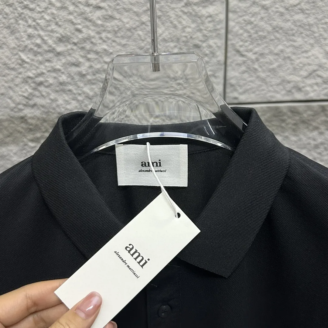 🅿️180 Ami* short-sleeved POLO 2025 spring and summer new style, simple logo small love embroidered pique fabric, short-sleeved polo stand-up collar, same style for men and women. Size: M L XL 2XL 3XL Color: black white