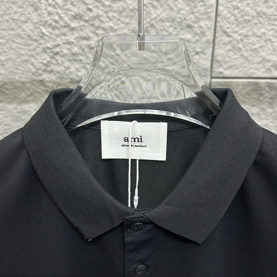 🅿️180 Ami* short-sleeved POLO 2025 spring and summer new style, simple logo small love embroidered pique fabric, short-sleeved polo stand-up collar, same style for men and women. Size: M L XL 2XL 3XL Color: black white