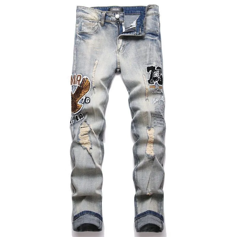#M74 P168💰 AMIRI patch embroidery jeans trousers AMIRI high street basic ripped tight elastic jeans trousers amiri brand jeans break the production process and cutting of the original jeans, the fabrics are softer and more comfortable Hand-sewn collar label Customized logo buttons Genuine leather tag Color: Picture color Size: 30-32-34-36