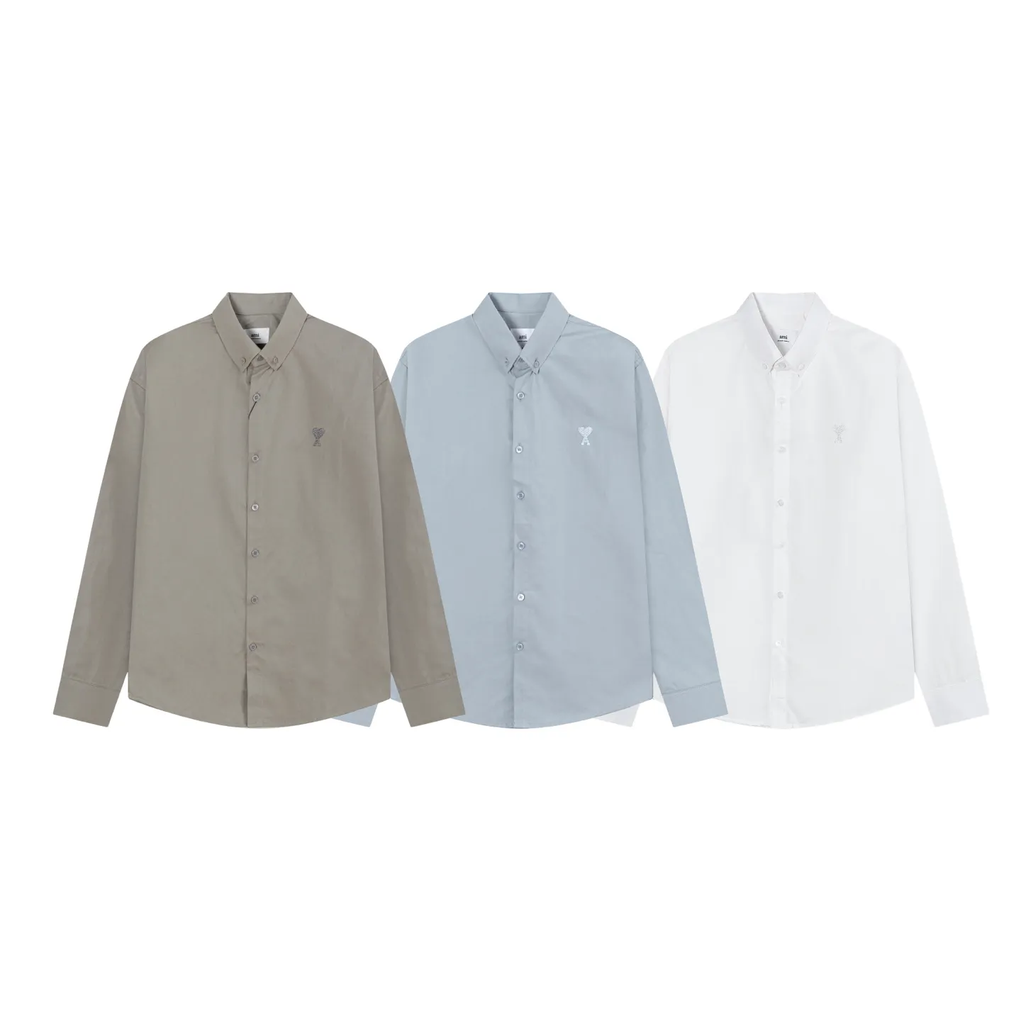 2213# AMI Paris 25 spring and summer new arrival ADC small love heart embroidery on the chest of the same color Casual cotton solid color long-sleeved Oxford shirt Original custom-made 220g pure cotton fabric Regular version Same style for men and women Color: White Blue Gray Size: S-XL