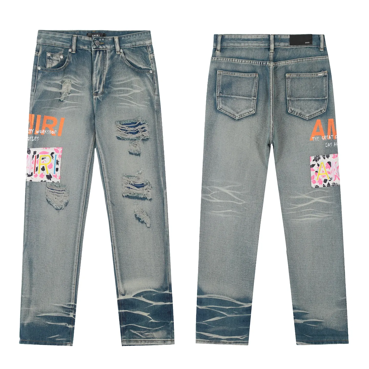 ￼ #M46 P168💰 Amiri’s classic embroidered leather ripped letter jeans. Slim fit jeans. Produced by a major washed factory. Full of high-end. Partial damage to the knees and patchwork design. Already used as a facade design. Leather waist nameplate. The focus of this style is not on the washing, but on the shape and version of the damage. The secret lies in the craftsmanship of the master. The cost of post-processing, grinding, cutting, etc. is far beyond the cost of assembly line products. Color: Picture color Size: 30-32-34-36