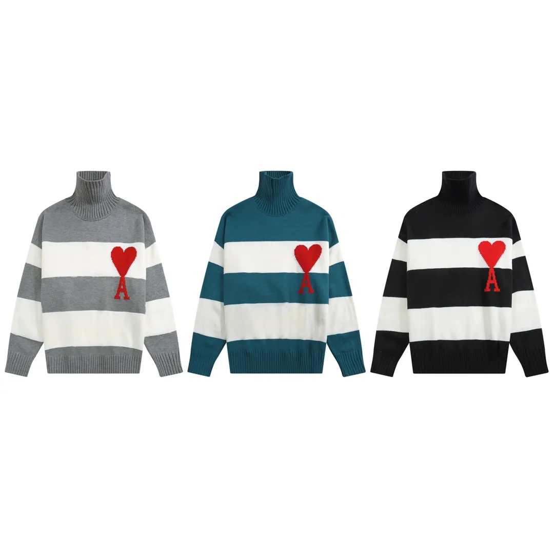 A3# AMI Paris21SS Autumn and Winter New Paris Christmas Limited Stripe Love A Embroidery Loose Lazy Style Turtleneck Sweater for Men and Women Color: Black Gray Green Size: S-XL