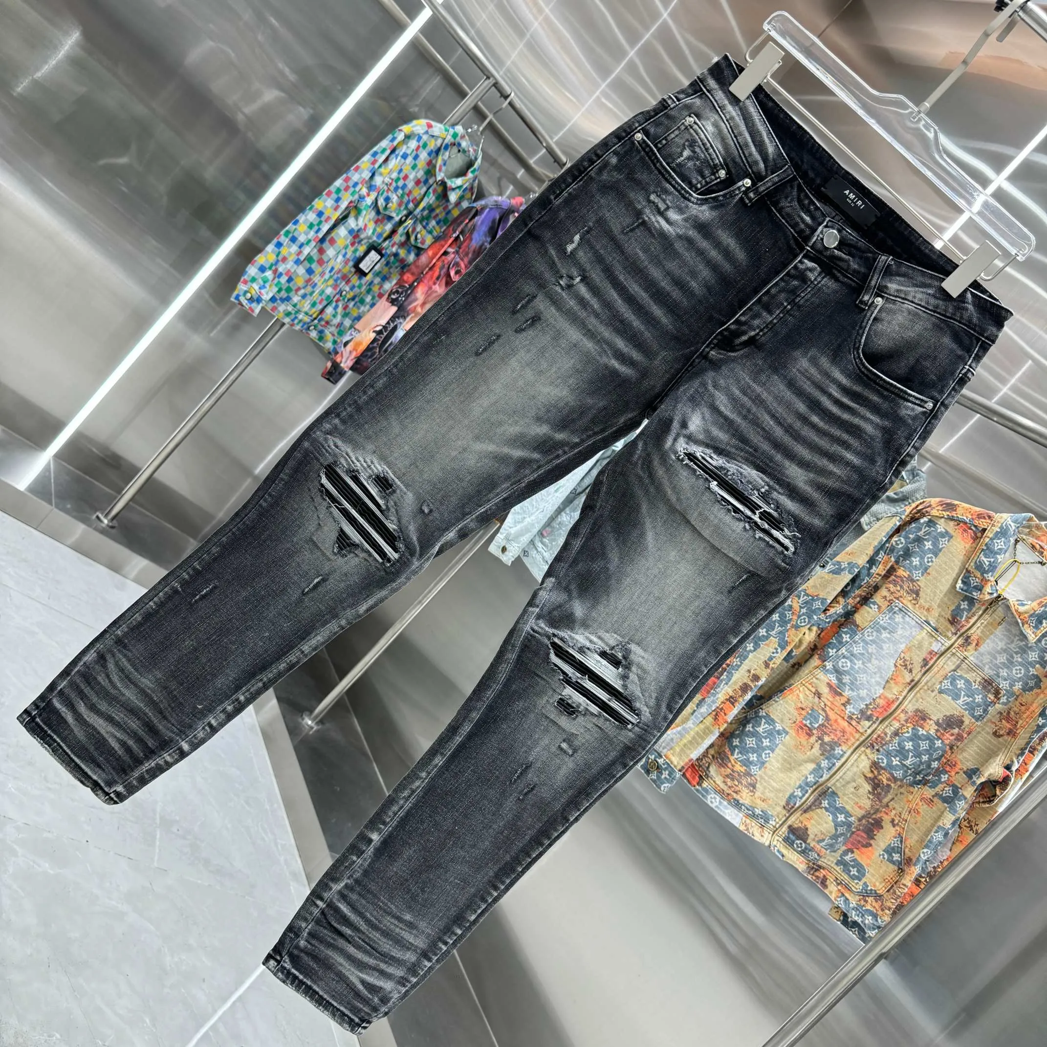 P290 Amiri ripped craft street fashion slim fit stretch jeans Color Black Size 30 32 34 36 38