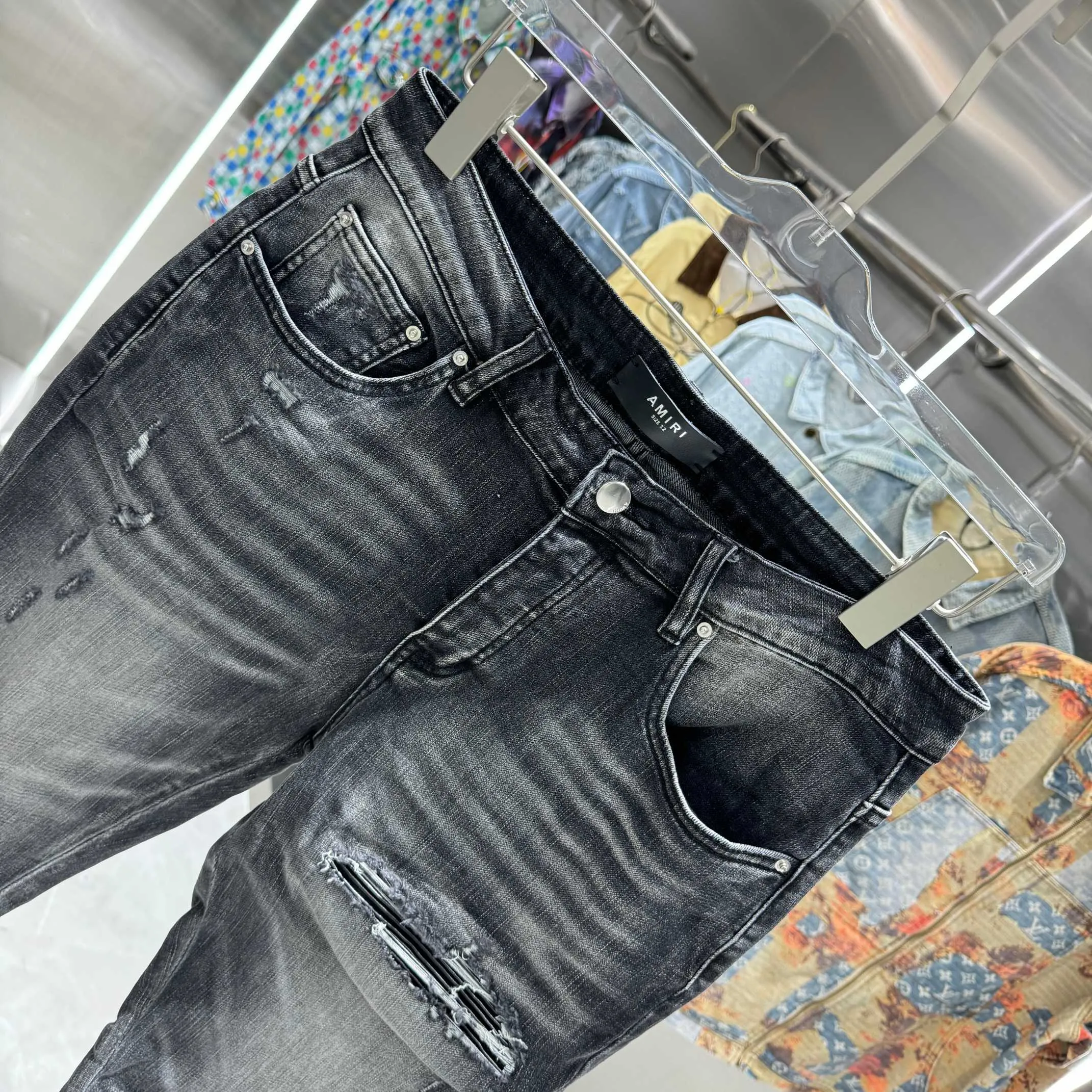 P290 Amiri ripped craft street fashion slim fit stretch jeans Color Black Size 30 32 34 36 38