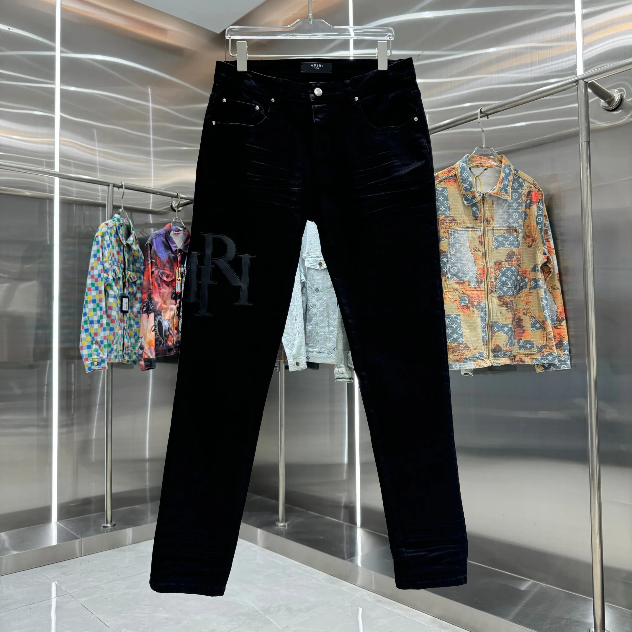 P290 Amiri letter patchwork leather embroidery craft street fashion slim fit stretch jeans Color Black Size 30 32 34 36 38
