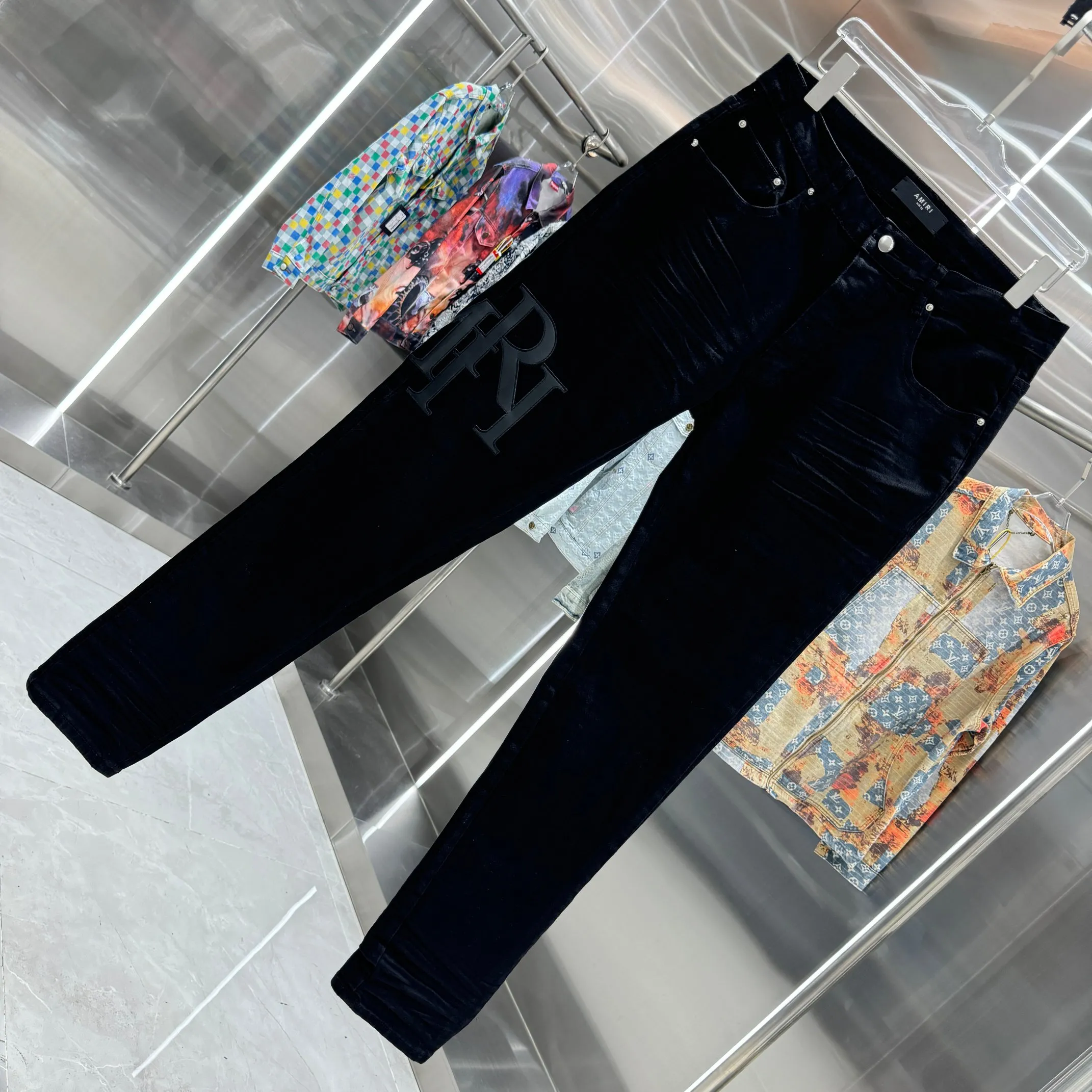 P290 Amiri letter patchwork leather embroidery craft street fashion slim fit stretch jeans Color Black Size 30 32 34 36 38
