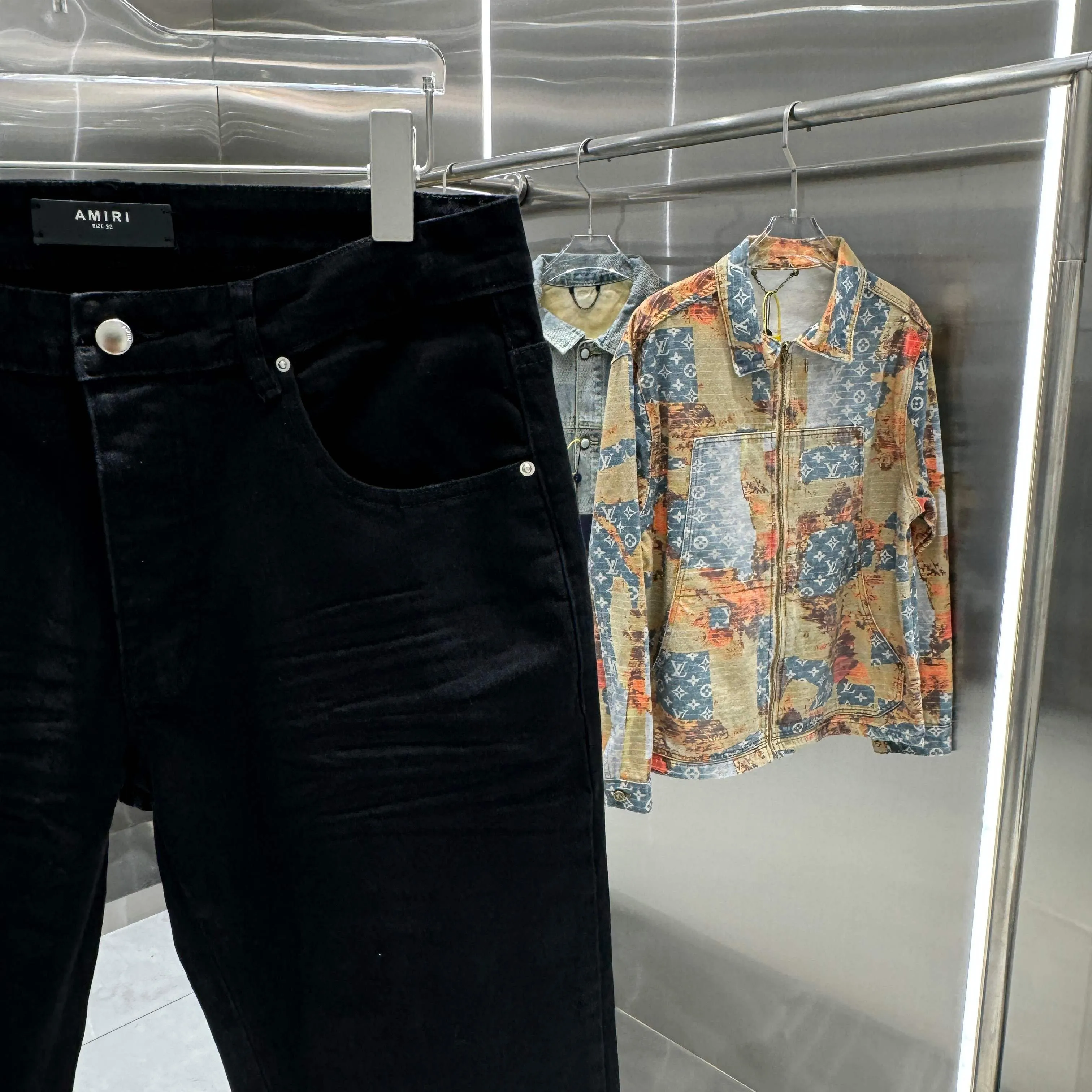 P290 Amiri letter patchwork leather embroidery craft street fashion slim fit stretch jeans Color Black Size 30 32 34 36 38