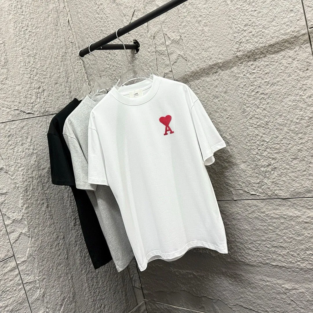 🅿️180 Ami* love embroidery 2025 spring and summer new style Big love A embroidered personalized letters Customized double yarn plain cotton fabric Short-sleeved T-shirt Uniform for men and women Color: white floral gray black Size: S (90-130 pounds) M (120-150 pounds) L (140-165 pounds) XL (160-180 pounds) XXL (180-210 pounds)
