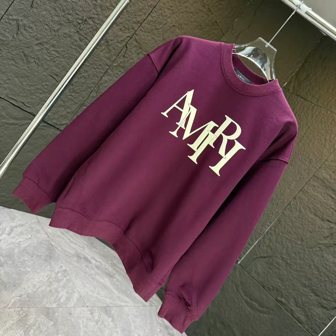 P200 AMIRI* 2025 autumn and winter new round neck sweatshirt 400g terry cotton letter logo three-dimensional foam Color: Black White Gray Purple Size: S M L XL XXL