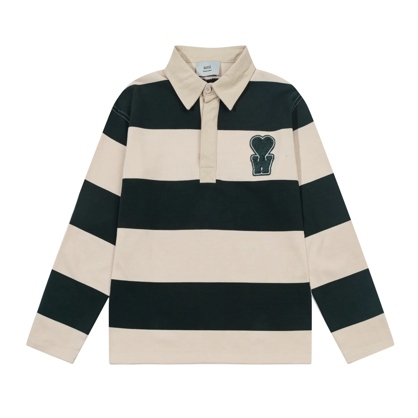662# AMI Paris [Co-branded by Choi Woo-sik] Co-branded logo WDC contrasting logo woven ADC stripes POL collar embroidery on the chest Cotton solid color long-sleeved Oxford shirt collar sweatshirt material Customized from the original board 280g pure cotton fabric YP customized Loose fit Uniform style for men and women Color: Dark green/Apricot Size S-XL