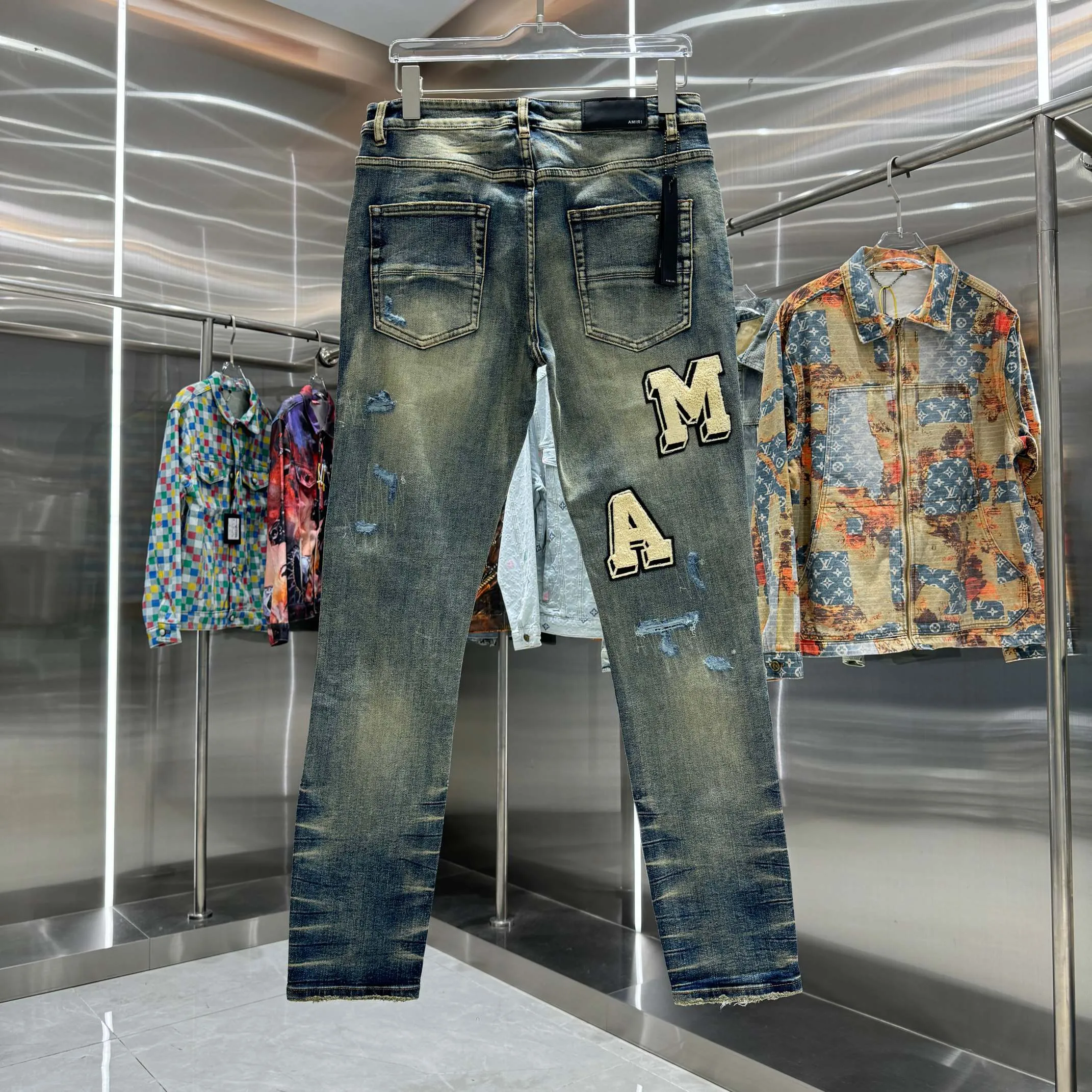 P290 Amiri ripped straight velvet embroidery craft street fashion slim fit stretch jeans Color Blue Size 30 32 34 36 38