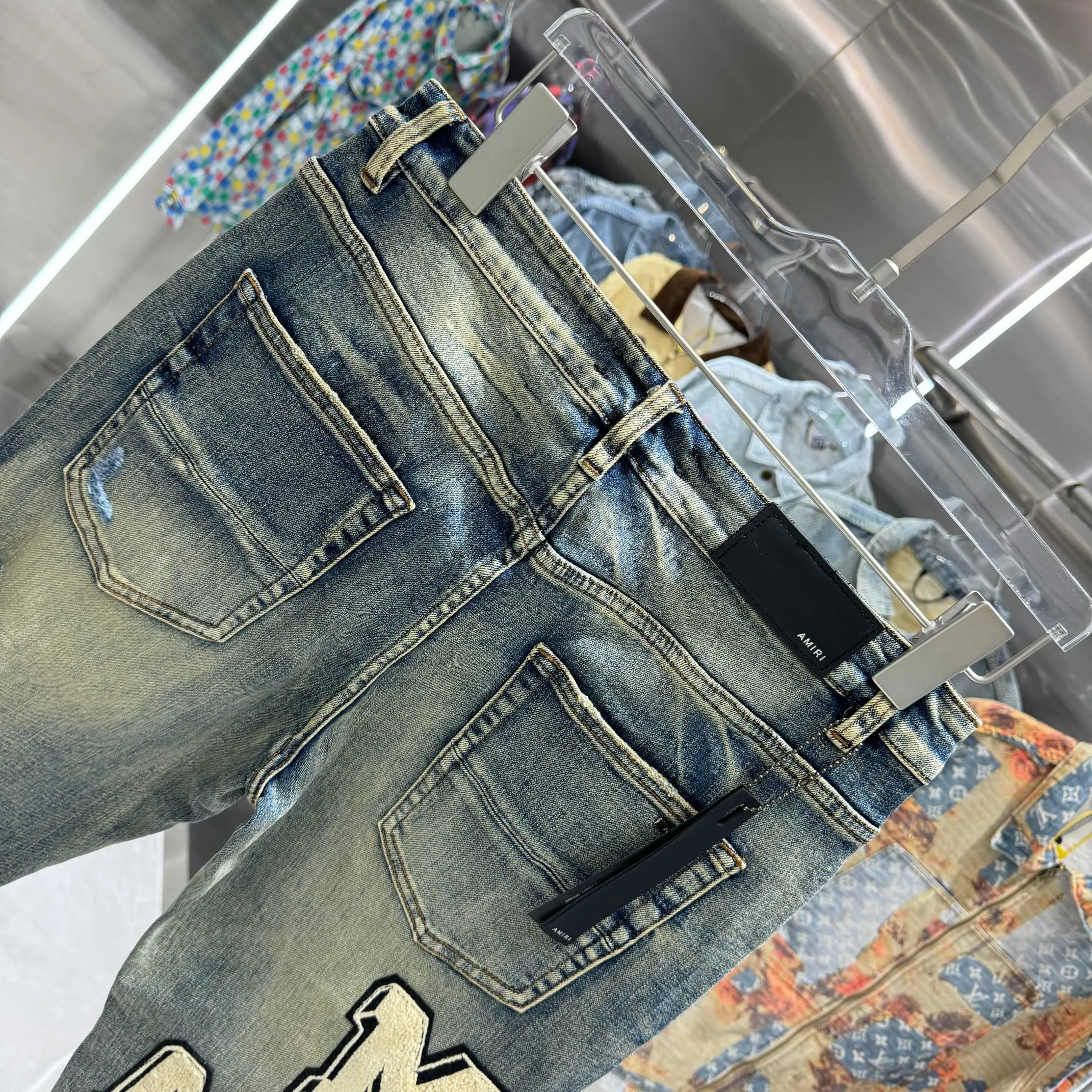 P290 Amiri ripped straight velvet embroidery craft street fashion slim fit stretch jeans Color Blue Size 30 32 34 36 38