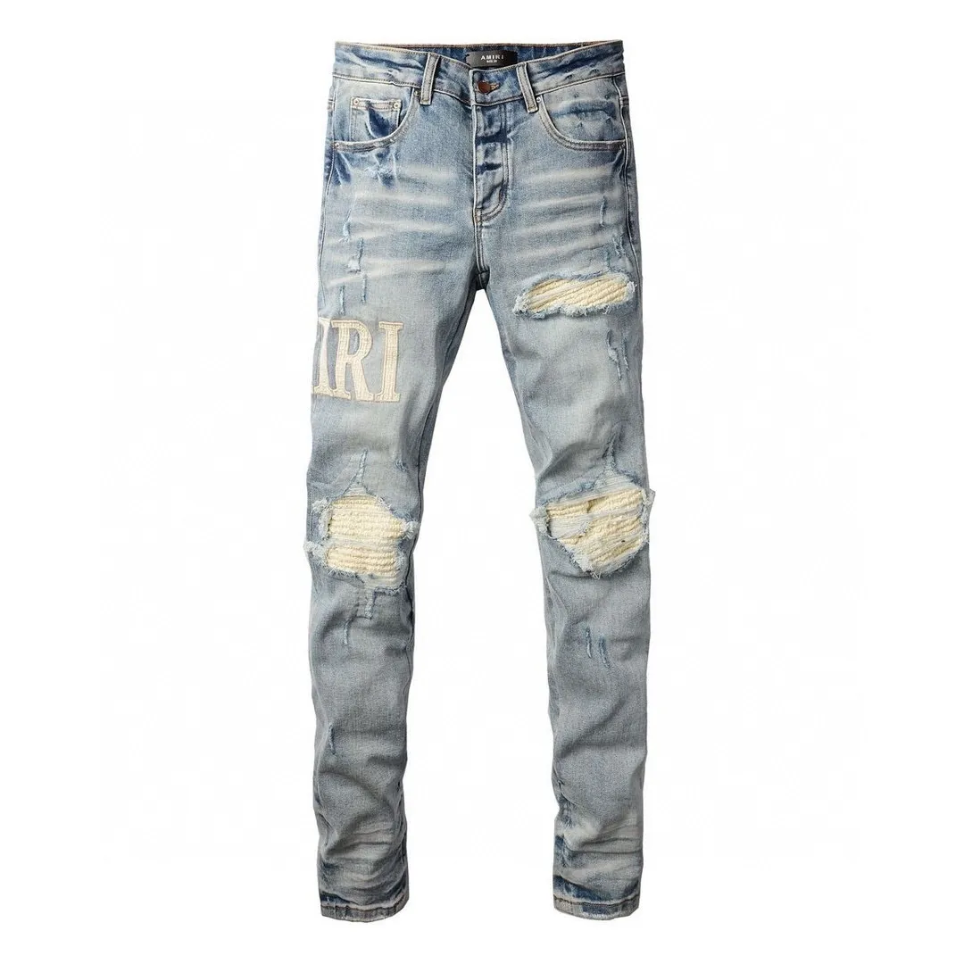#M06 P168💰 AMIRI patch embroidery jeans trousers AMIRI high street basic ripped tight elastic jeans trousers amiri brand jeans break the production process and cutting of the original jeans, the fabrics are softer and more comfortable Hand-sewn collar label Customized logo buttons Genuine leather tag Color: blue Size: 30-32-34-36