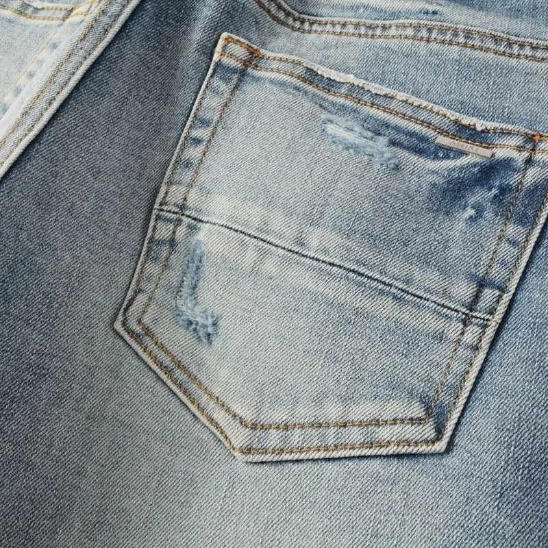 #M06 P168💰 AMIRI patch embroidery jeans trousers AMIRI high street basic ripped tight elastic jeans trousers amiri brand jeans break the production process and cutting of the original jeans, the fabrics are softer and more comfortable Hand-sewn collar label Customized logo buttons Genuine leather tag Color: blue Size: 30-32-34-36