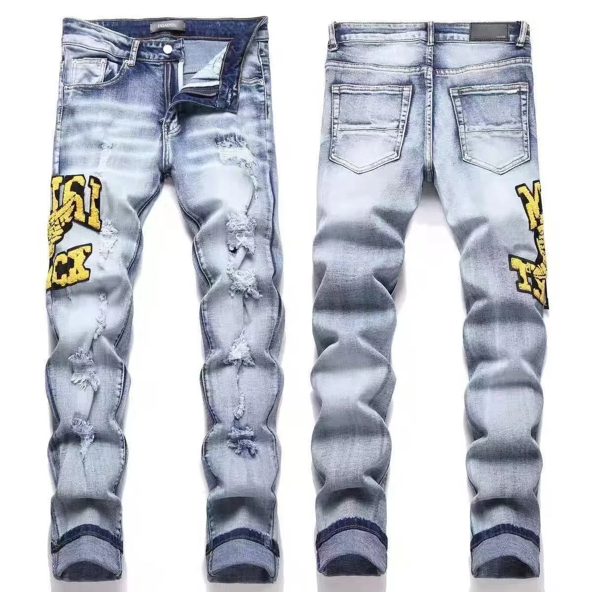 #M14 P168💰 Heavyweight AMIRI 24ss embroidery wings high street jeans slim fit stretch washed knife cut hole trousers FOG high street men's trend AMIRI amiri is transliterated as Emil, which is the name of the founder. Mike Amiri, the founder of amiri, grew up in Los Angeles, USA, and was influenced by local street culture and Punk Rock since he was a child. Due to his influence, he founded the amiri brand named after himself. A variety of trendy clothing meets the needs of different fashion players. Amiri clothing has novel and unique styles and is a well-known street brand in the United States. The styles and styles of many clothes are loved by many street photographers. The various clothing styles meet the dressing needs of different people, show their unique temperament, and show the trend of dressing. amiri's jeans are relatively famous. Not only do they have many styles, but the quality of the jeans is also very good. Many celebrities have also worn amiri brand jeans. Color: Picture color Size: 30-32-34-36