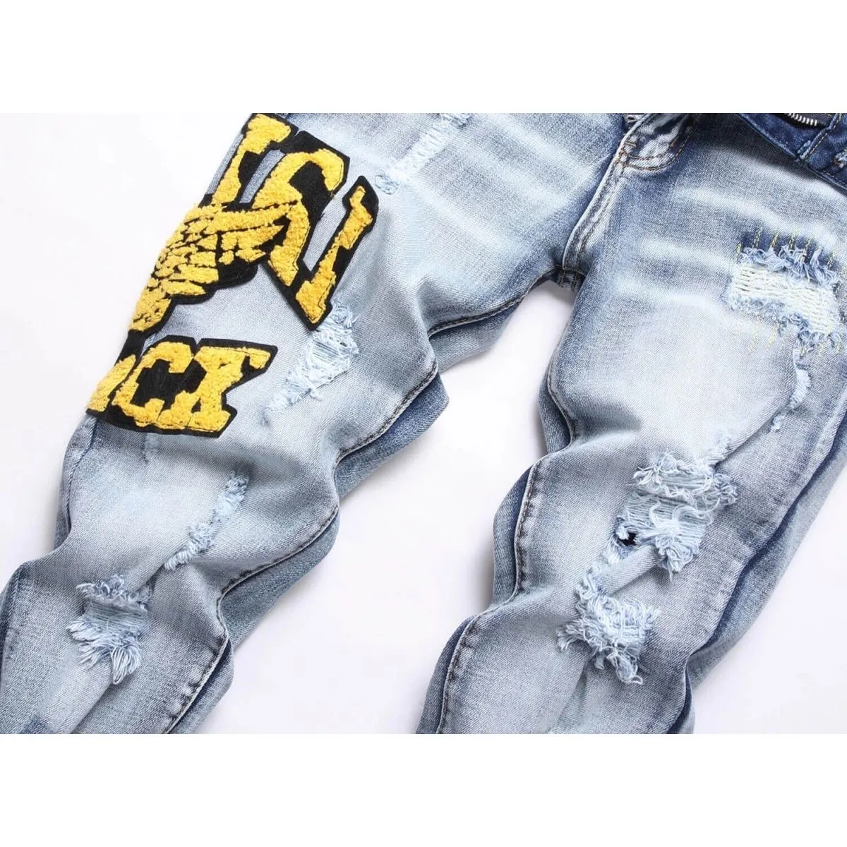 #M14 P168💰 Heavyweight AMIRI 24ss embroidery wings high street jeans slim fit stretch washed knife cut hole trousers FOG high street men's trend AMIRI amiri is transliterated as Emil, which is the name of the founder. Mike Amiri, the founder of amiri, grew up in Los Angeles, USA, and was influenced by local street culture and Punk Rock since he was a child. Due to his influence, he founded the amiri brand named after himself. A variety of trendy clothing meets the needs of different fashion players. Amiri clothing has novel and unique styles and is a well-known street brand in the United States. The styles and styles of many clothes are loved by many street photographers. The various clothing styles meet the dressing needs of different people, show their unique temperament, and show the trend of dressing. amiri's jeans are relatively famous. Not only do they have many styles, but the quality of the jeans is also very good. Many celebrities have also worn amiri brand jeans. Color: Picture color Size: 30-32-34-36