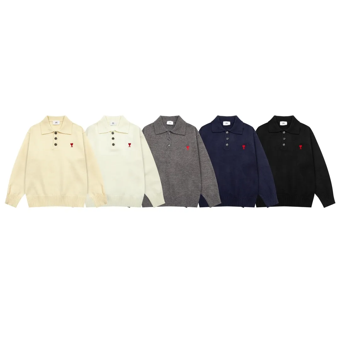 8175# Ami Paris2024 autumn and winter new classic embroidered little love wool Ami De Coeur polo collar pullover sweater Xiao Zhan Cui Yuzhi same style for men and women Color: black white gray apricot Baolan Size S-XL