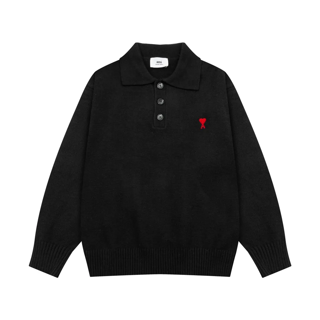 8175# Ami Paris2024 autumn and winter new classic embroidered little love wool Ami De Coeur polo collar pullover sweater Xiao Zhan Cui Yuzhi same style for men and women Color: black white gray apricot Baolan Size S-XL