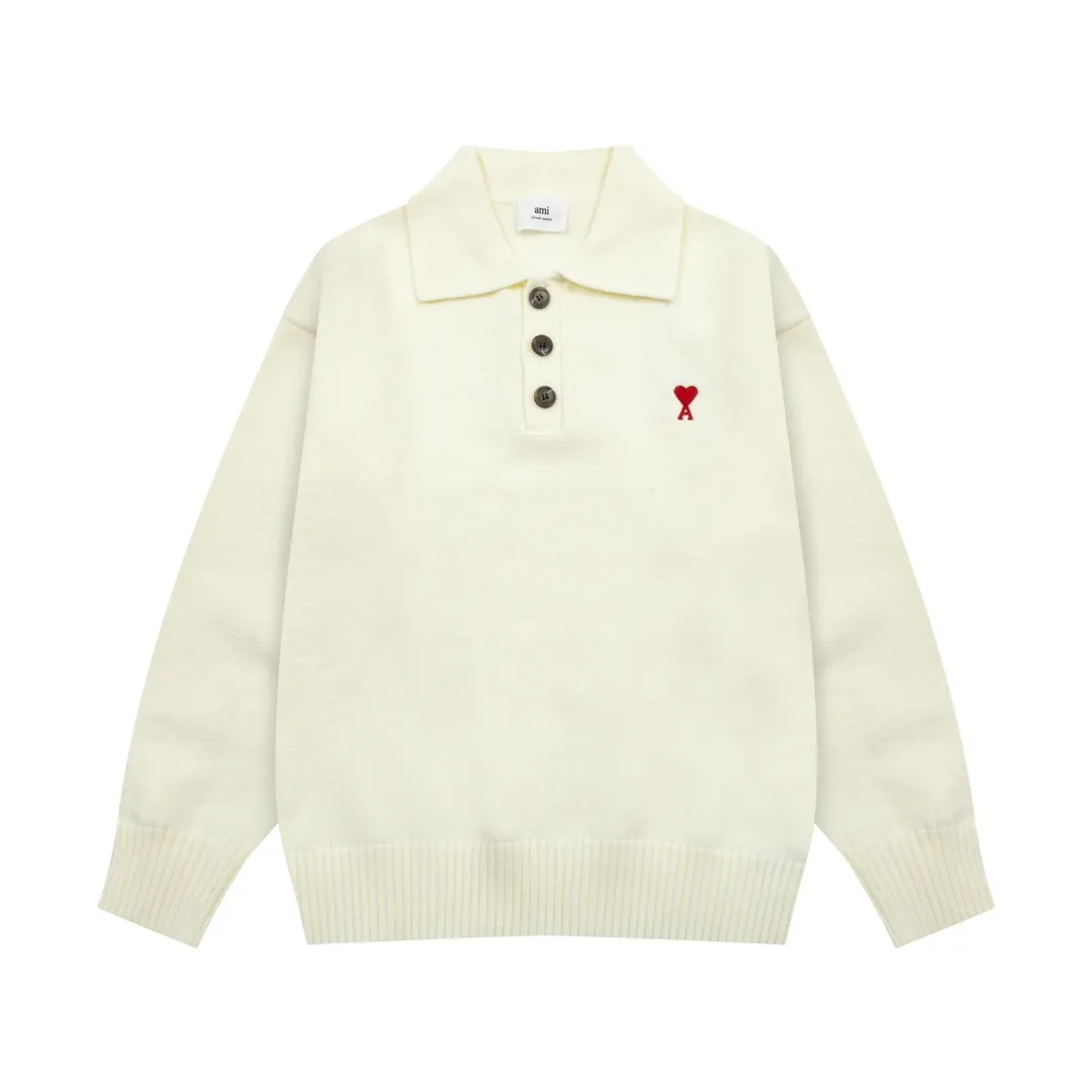 8175# Ami Paris2024 autumn and winter new classic embroidered little love wool Ami De Coeur polo collar pullover sweater Xiao Zhan Cui Yuzhi same style for men and women Color: black white gray apricot Baolan Size S-XL