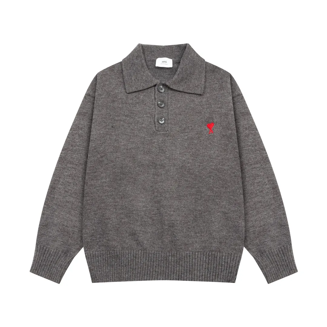 8175# Ami Paris2024 autumn and winter new classic embroidered little love wool Ami De Coeur polo collar pullover sweater Xiao Zhan Cui Yuzhi same style for men and women Color: black white gray apricot Baolan Size S-XL