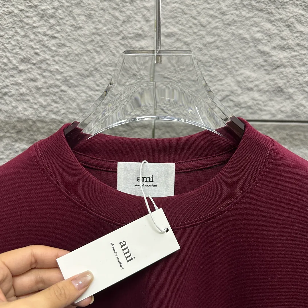 🅿️180 Ami* Love Embroidery 2025 Spring and Summer New Love Tower A embroidered letter pattern Customized double yarn plain cotton fabric Short-sleeved T-shirt Uniform for men and women Color: White Angora Red Black Size: S (90-130 catties) M (120-150 catties) L (140-165 catties) XL (160-180 catties) XXL (180-210 pounds)