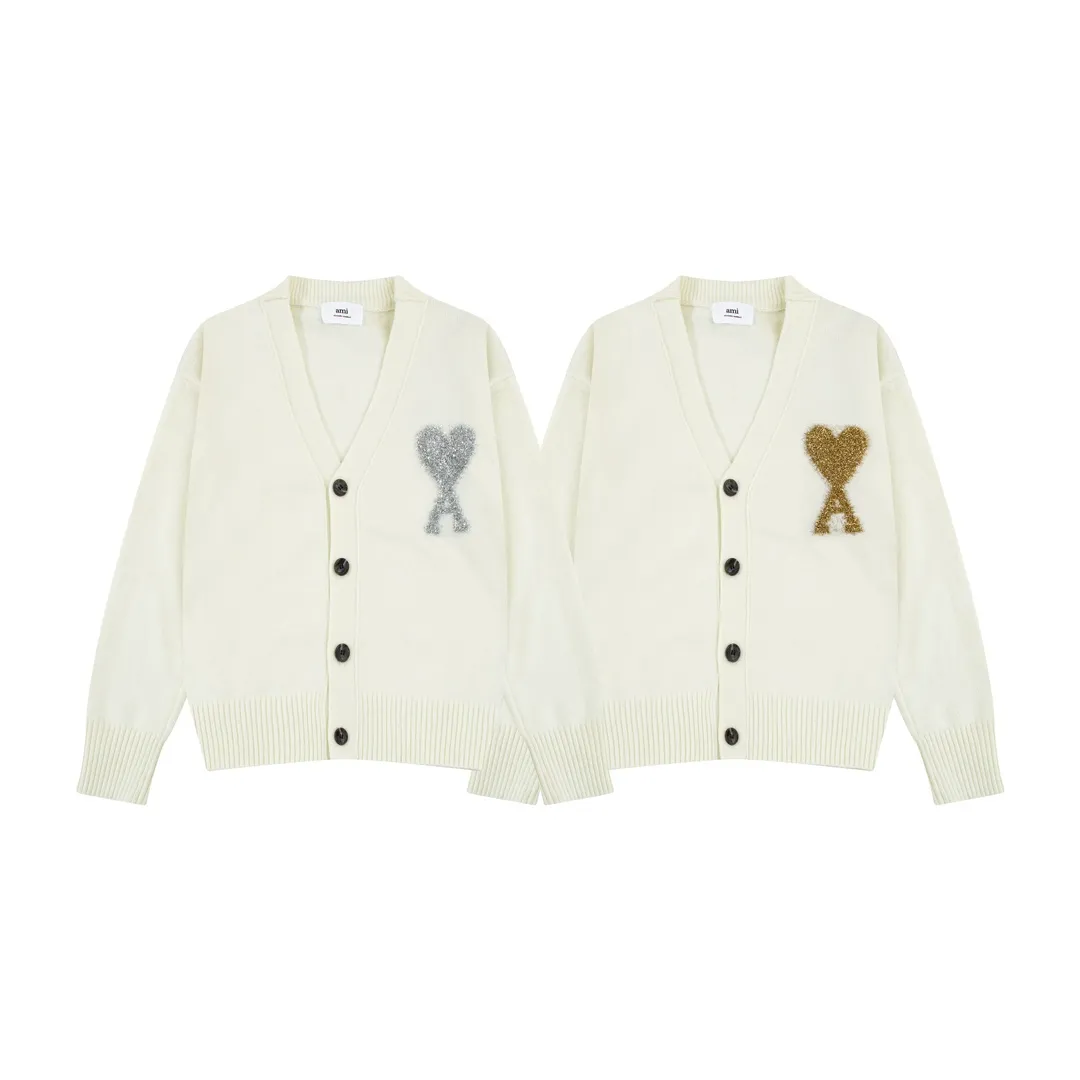 P200 A8148# [Christmas Capsule Series] AMI Paris 2024 Autumn and Winter New Product Silver Big Heart Alpaca Blended Soft and Waxy Cardigan Knitted Sweater Oversize Version Same Style for Men and Women Color: Beige Silver Heart Beige Gold Heart Size: S-XL