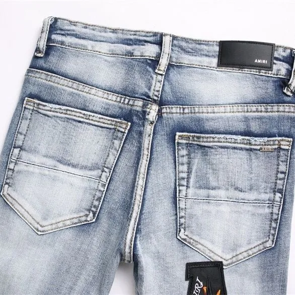 #M72 P168💰 AMIRI patch embroidery jeans trousers AMIRI high street basic ripped tight elastic jeans trousers amiri brand jeans break the production process and cutting of the original jeans, the fabrics are softer and more comfortable Hand-sewn collar label Customized logo buttons Genuine leather tag Color: Picture color Size: 30-32-34-36