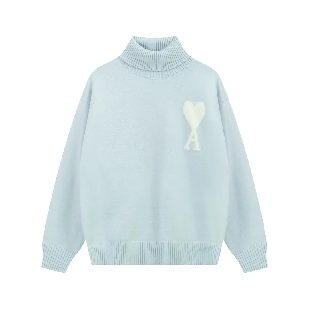 A8145# AMI Paris 2024 new autumn and winter new color big love alpaca blended soft and waxy knitted turtleneck cloud sweater Oversize version for men and women Color: ice blue light yellow light pink purple gray turmeric dark gray turquoise dark purple Code number: S-XL