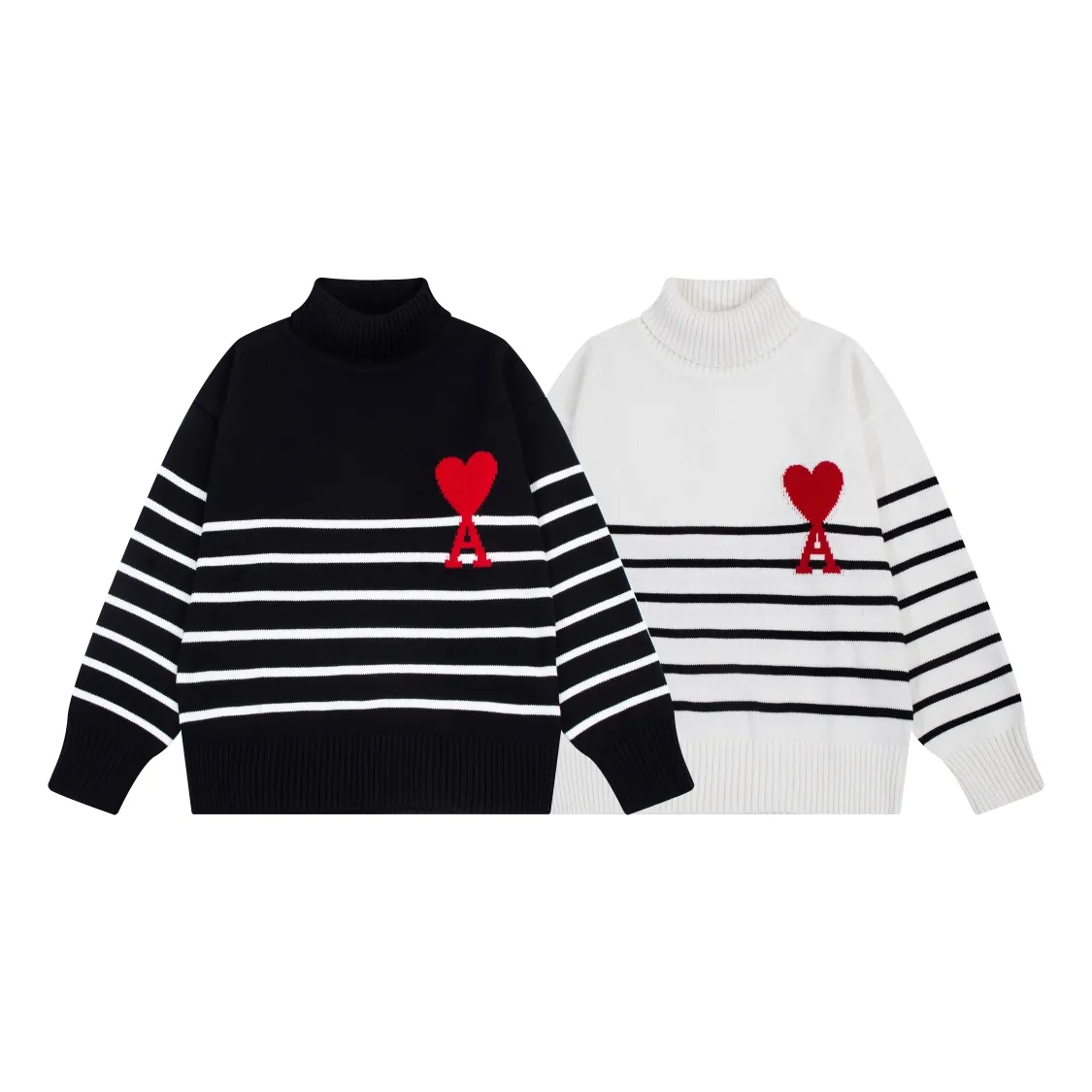 CYA63# AMI Paris 22 autumn and winter new Ami de Coeur love striped classic turtleneck sweater for men and women Color: black white Size: S-XL