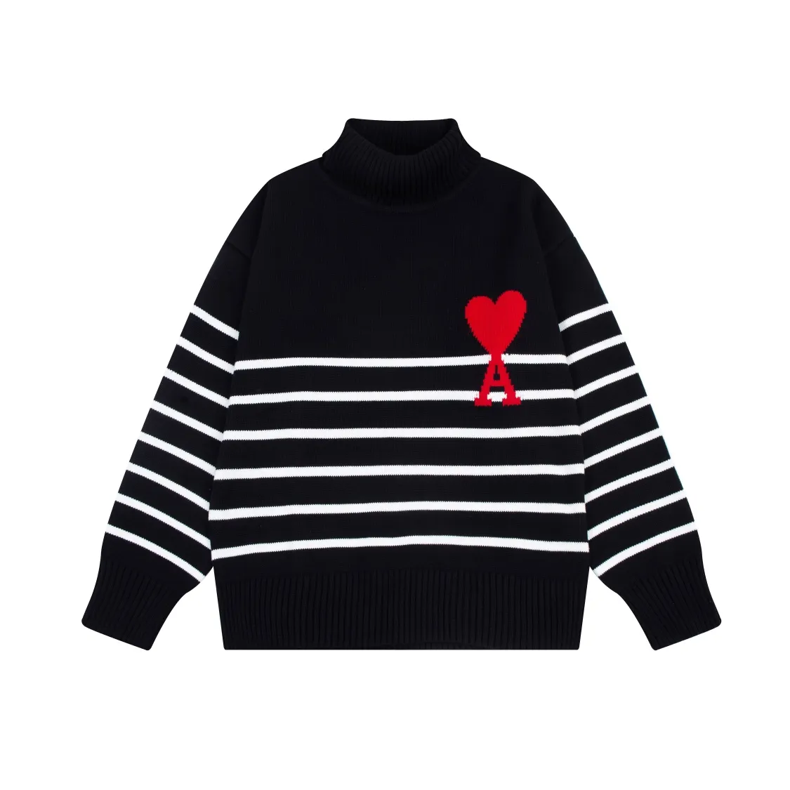 CYA63# AMI Paris 22 autumn and winter new Ami de Coeur love striped classic turtleneck sweater for men and women Color: black white Size: S-XL