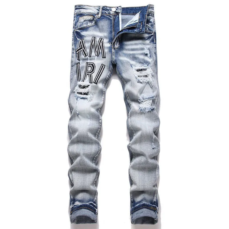 #M12 P168💰 AMIRI patch embroidery jeans trousers AMIRI high street basic ripped tight elastic jeans trousers amiri brand jeans break the production process and cutting of the original jeans, the fabrics are softer and more comfortable Hand-sewn collar label Customized logo buttons Genuine leather tag Color: Picture color Size: 30-32-34-36