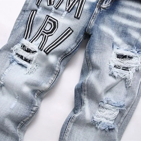 #M12 P168💰 AMIRI patch embroidery jeans trousers AMIRI high street basic ripped tight elastic jeans trousers amiri brand jeans break the production process and cutting of the original jeans, the fabrics are softer and more comfortable Hand-sewn collar label Customized logo buttons Genuine leather tag Color: Picture color Size: 30-32-34-36